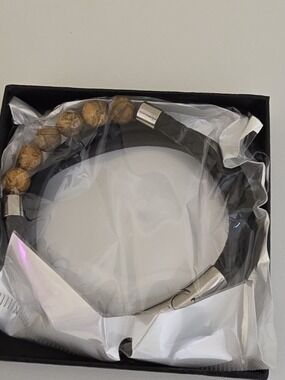 Beaded and Leather Wrap Bracelet - Black and Natural Wood